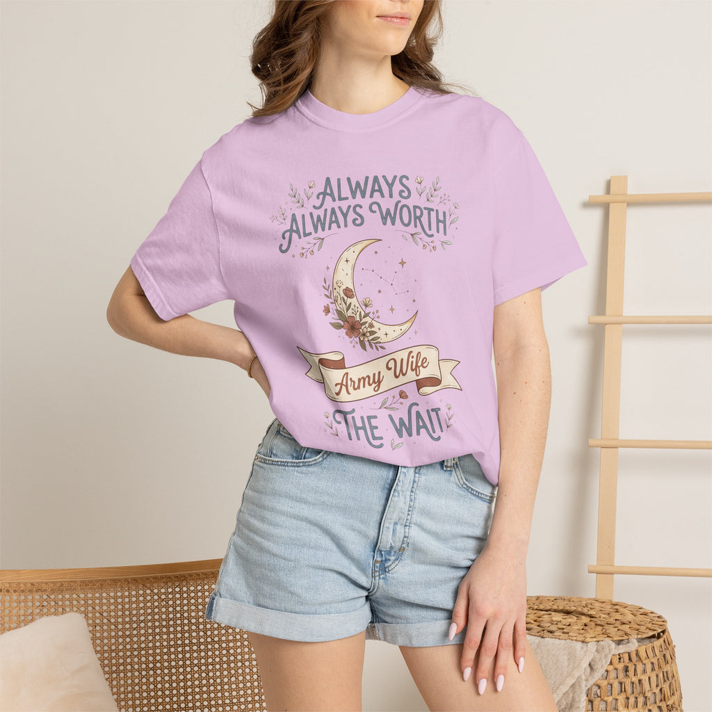 Lilac T-shirt with moon graphic and 'Always Worth the Wait' slogan