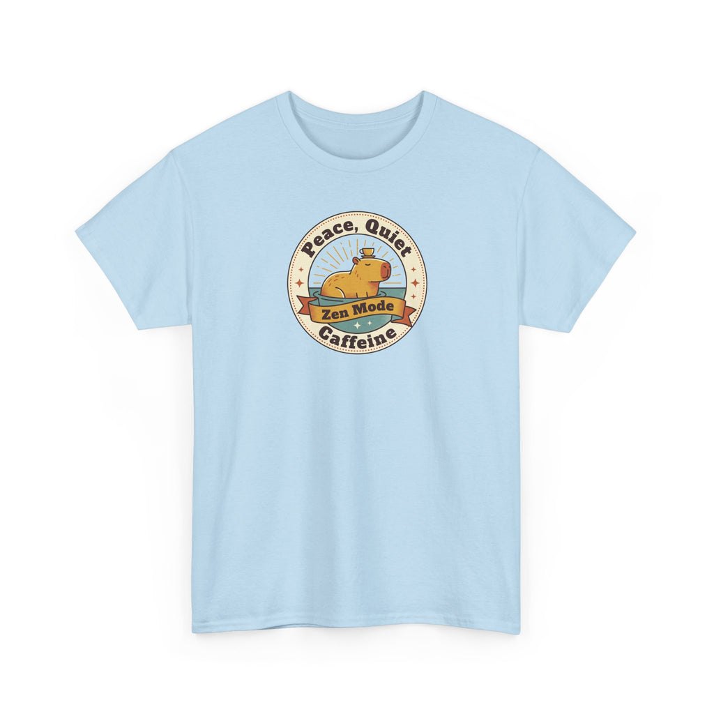 Light blue T-shirt with round capybara peace-and-coffee graphic on chest