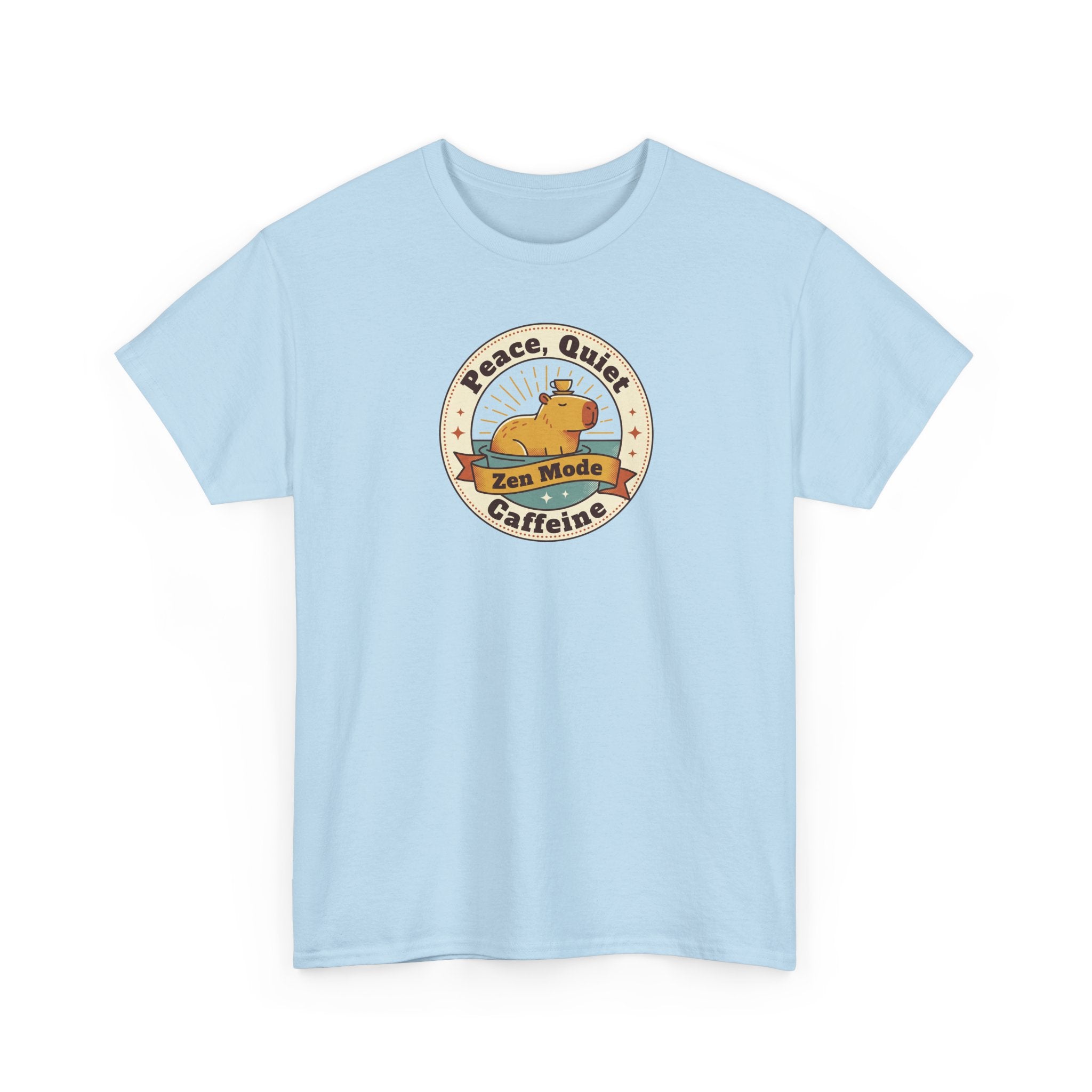 Light blue T-shirt with round capybara peace-and-coffee graphic on chest