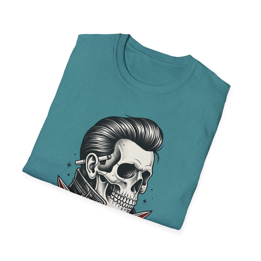 T-Shirt petrolgrün mit großem schwarz-weißem Totenkopf-und-Tattoo-Print