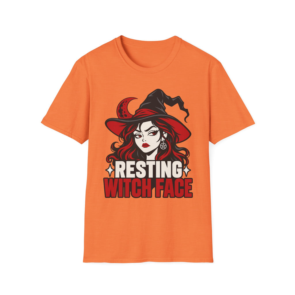 Orange Halloween T-shirt with resting witch face graphic