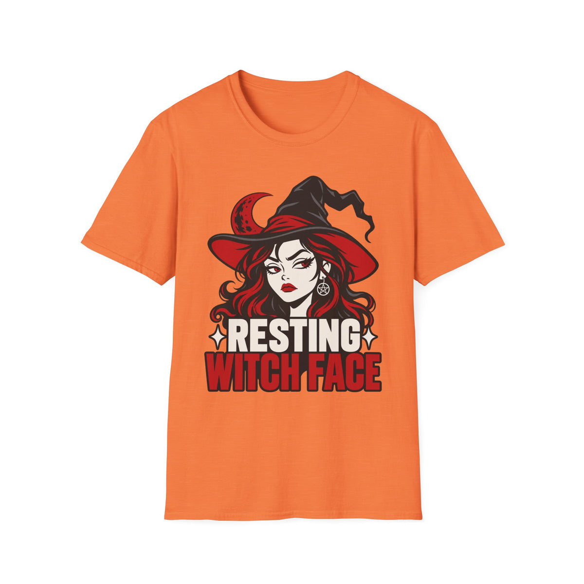 Orange Halloween T-shirt with resting witch face graphic