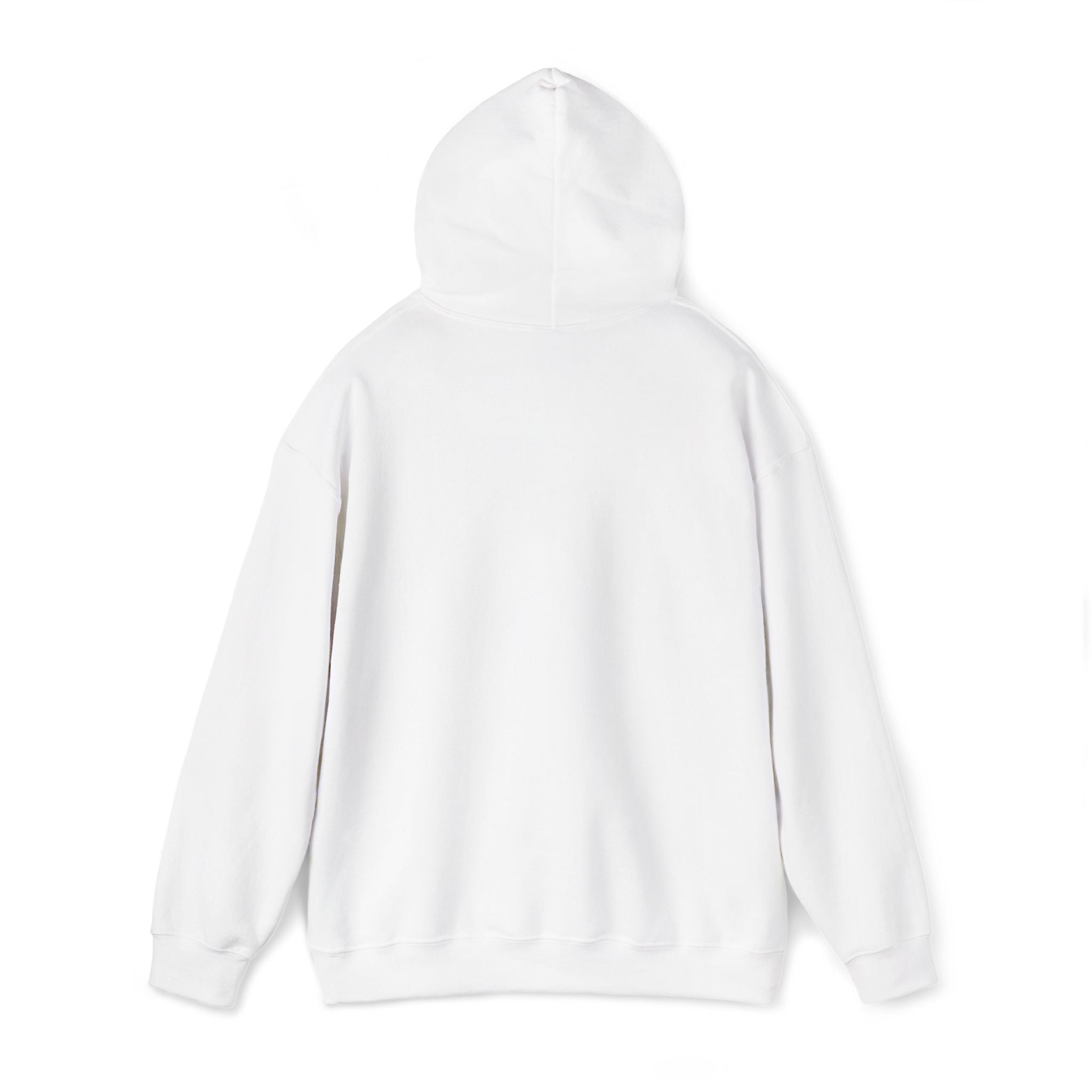 White hoodie, front view with hood and long sleeves