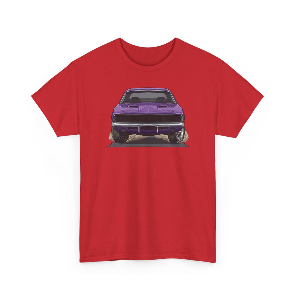 Red T-shirt with retro muscle car graphic on front