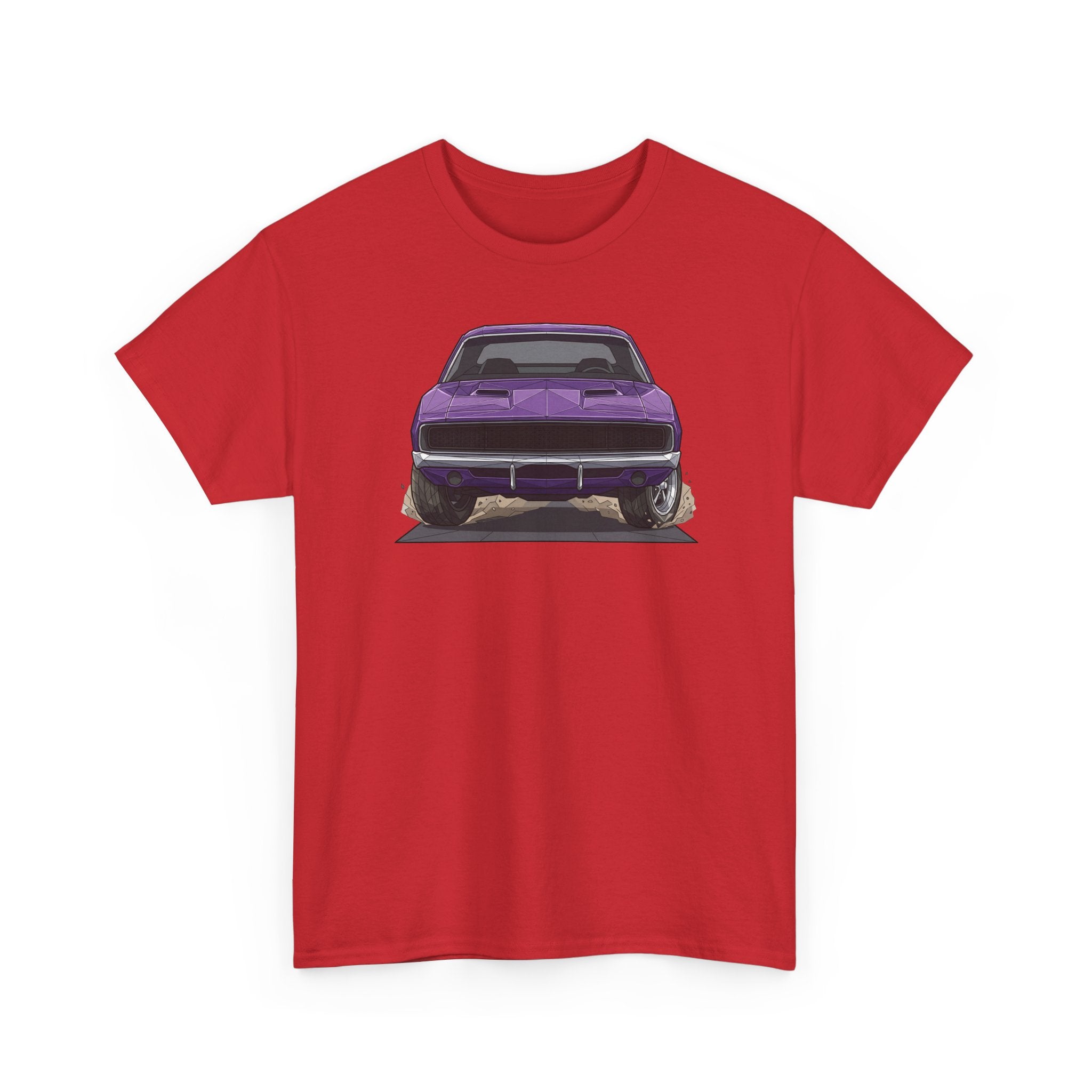 Red T-shirt with retro muscle car graphic on front