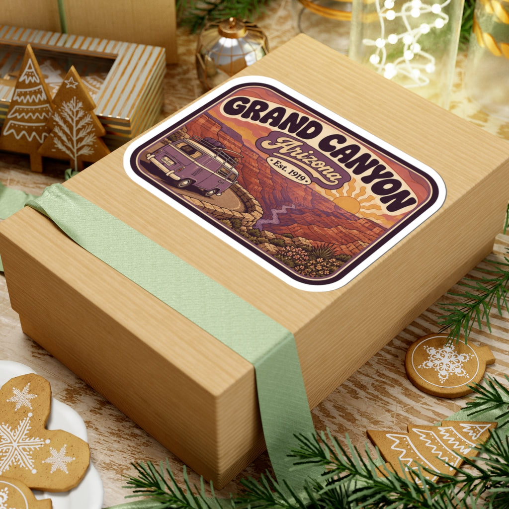 Grand Canyon sticker centered on gift box top, purple camper van and "Grand Canyon Arizona"