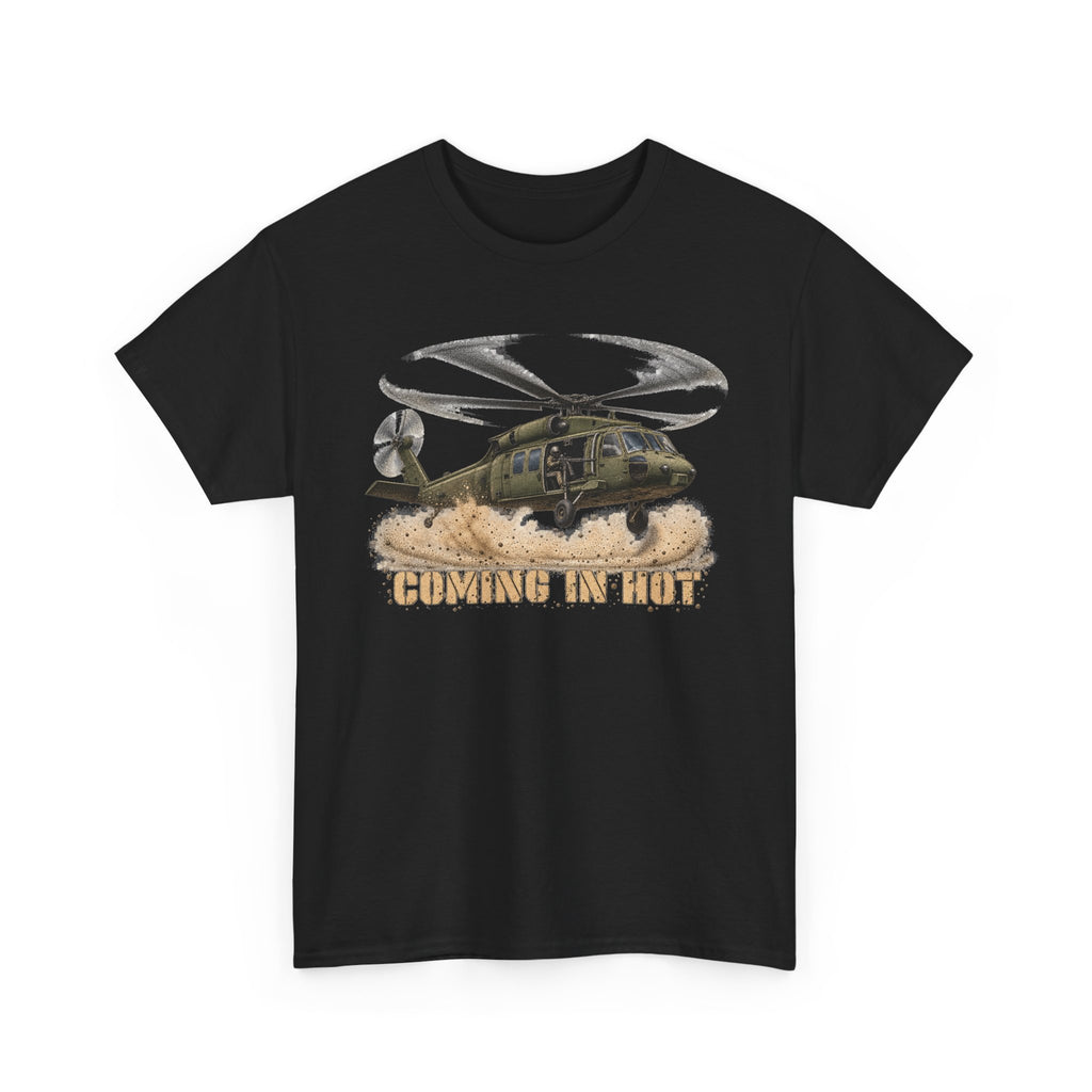 Black crewneck T-shirt with helicopter graphic print