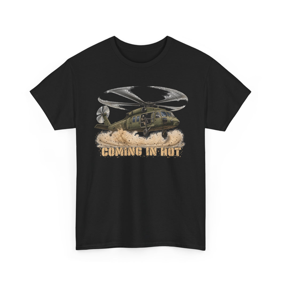 Black crewneck T-shirt with helicopter graphic print