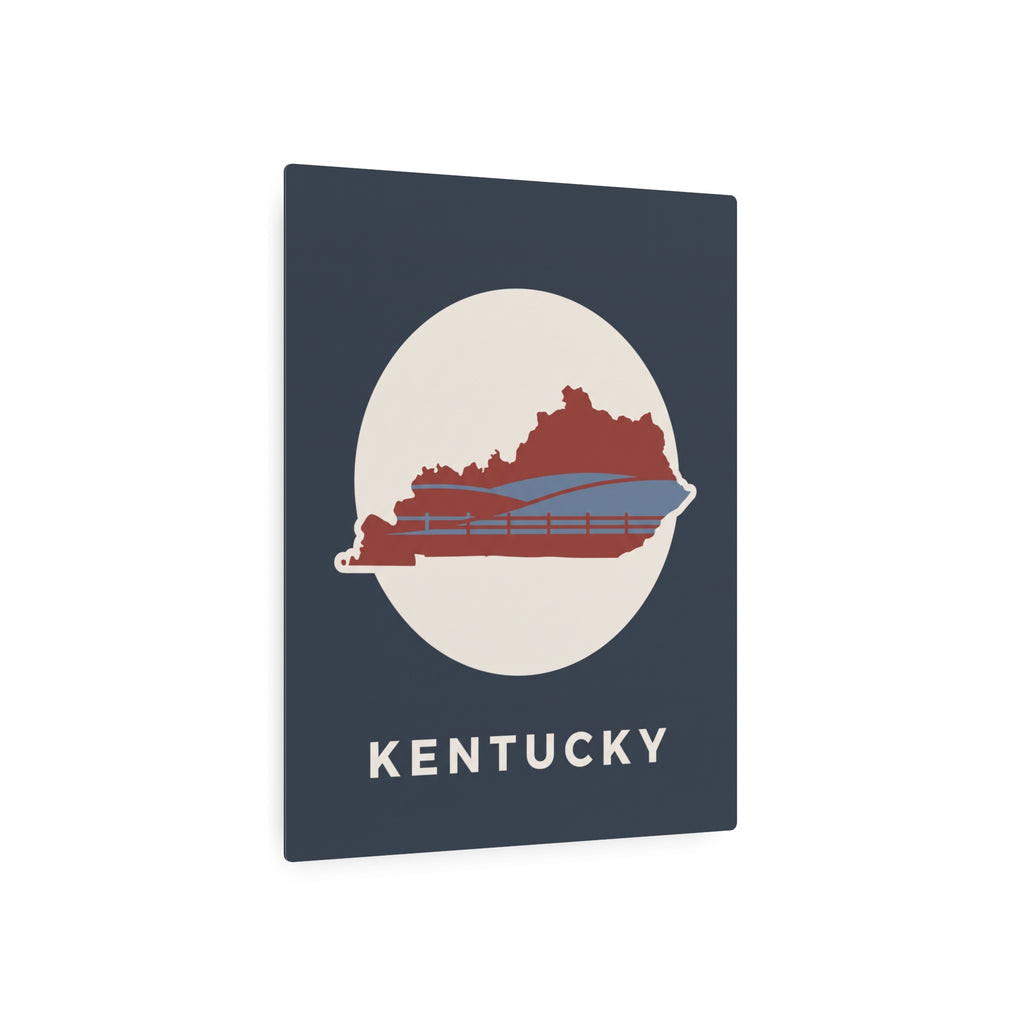 Kentucky metal sign front view: circular silhouette map, red bridge lines, “KENTUCKY”
