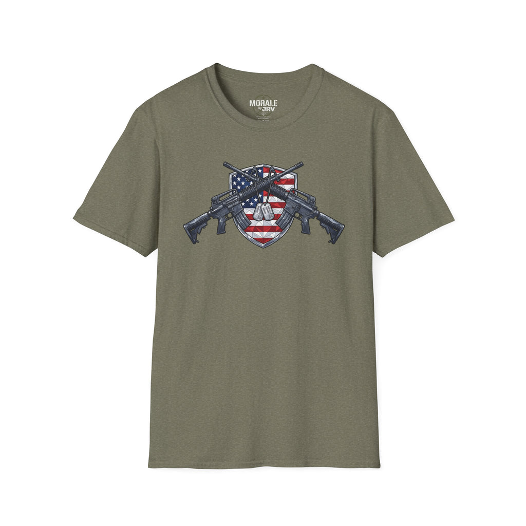 American flag skull shield T-shirt with crossed rifles, olive heather base