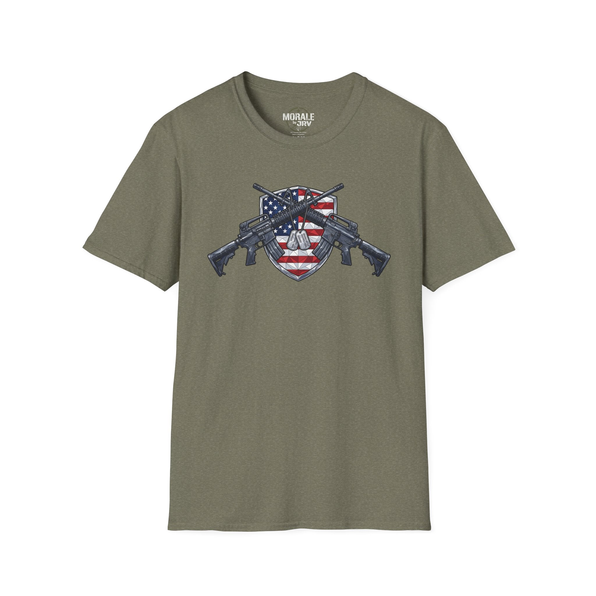 American flag skull shield T-shirt with crossed rifles, olive heather base