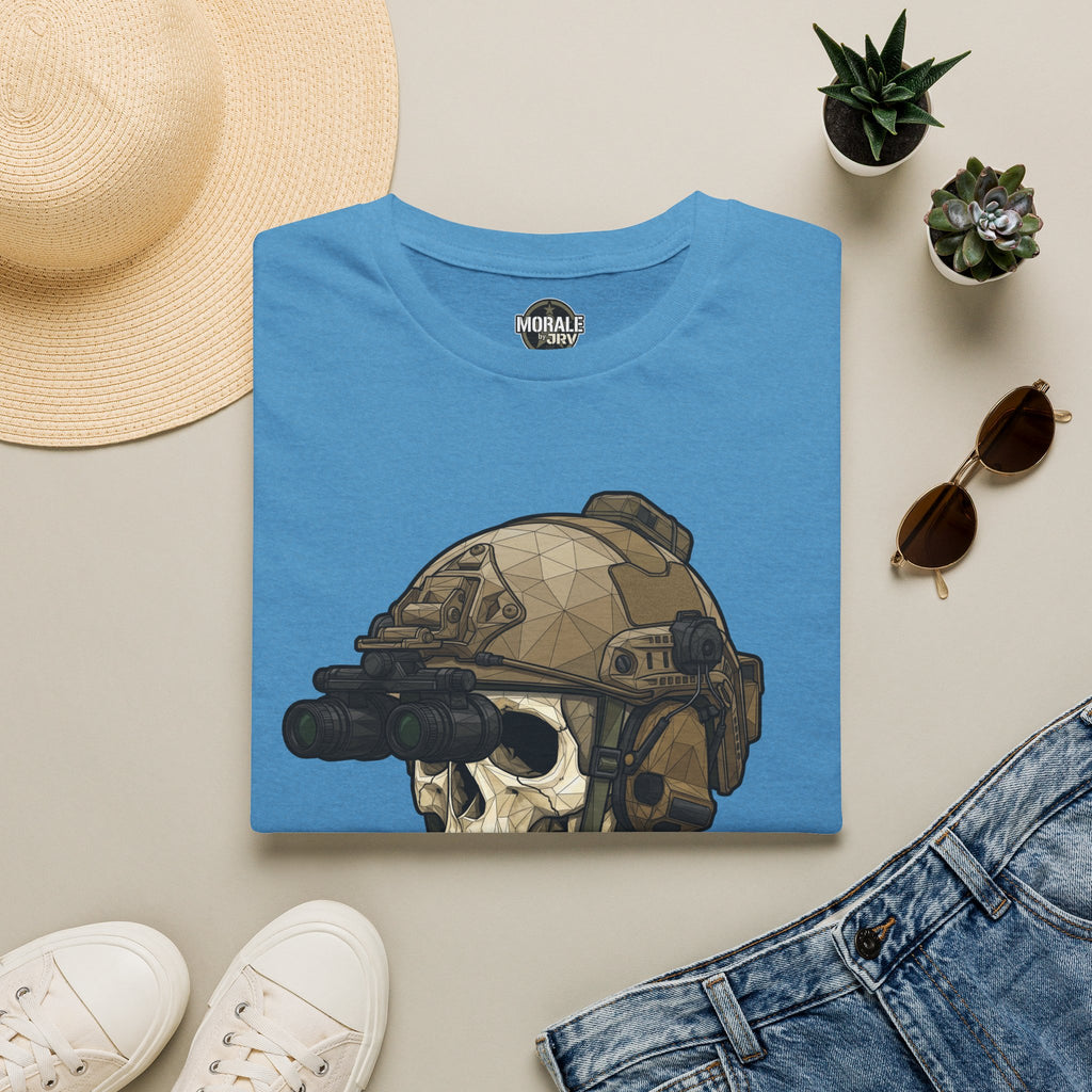 Blue tactical skull T-shirt with helmet and rifle graphic on the chest