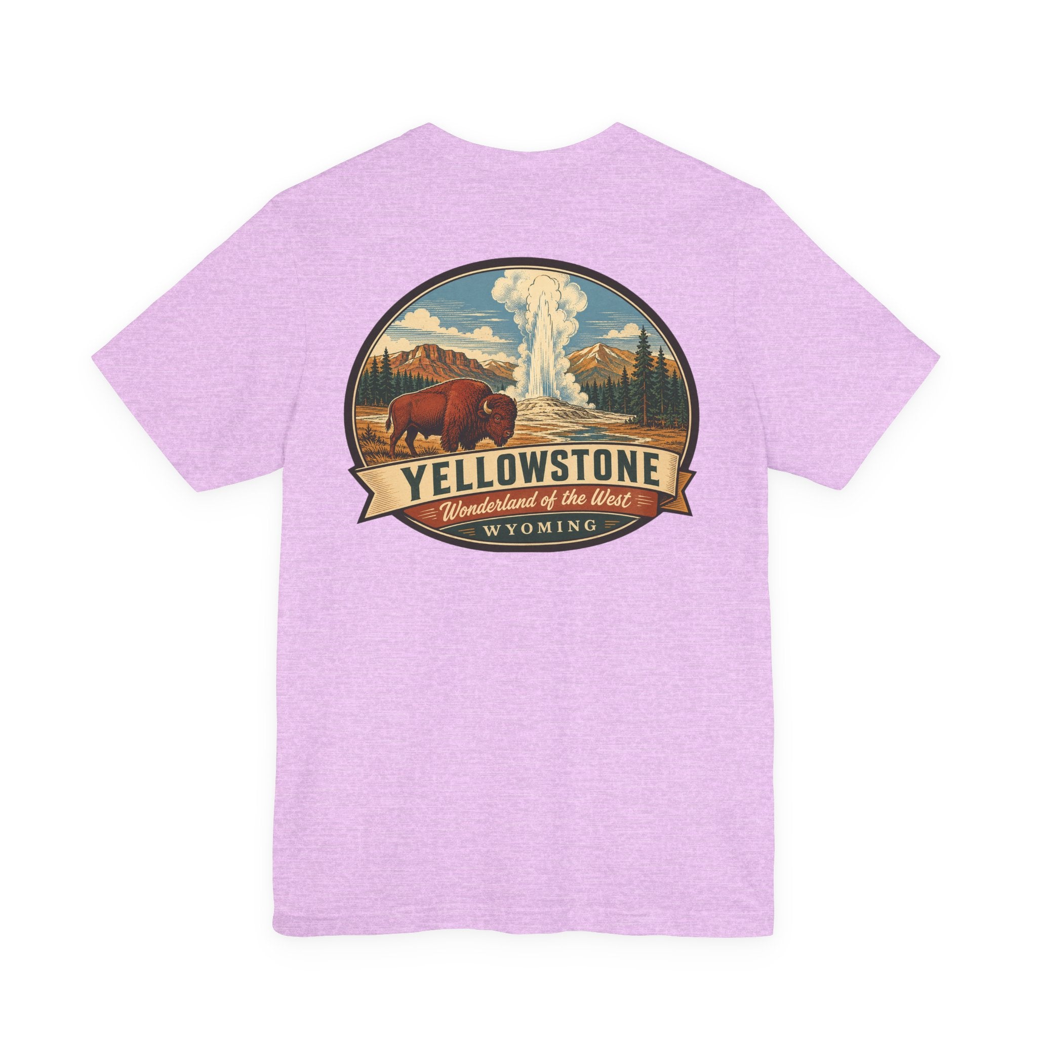 Lavender T-shirt with large Yellowstone graphic badge, geyser and bison on chest