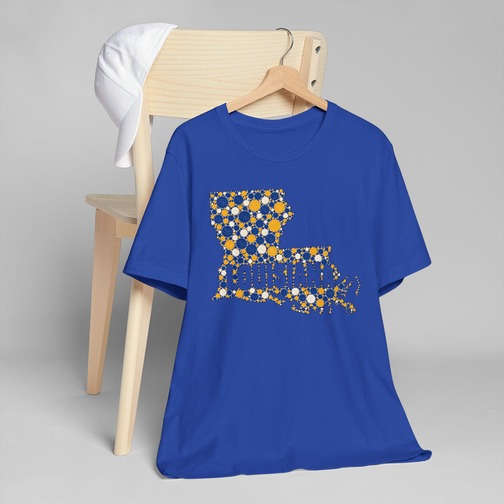 Louisiana State Shape Floral T-Shirt | Blue and Gold Louisiana Outline Graphic Tee