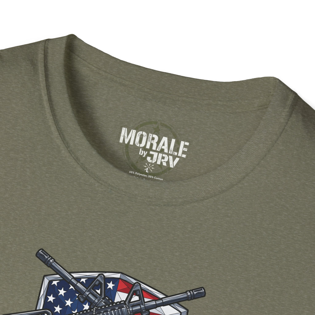 Olive green close-up: “MORALE by TRK” neck logo and patriotic rifle graphic