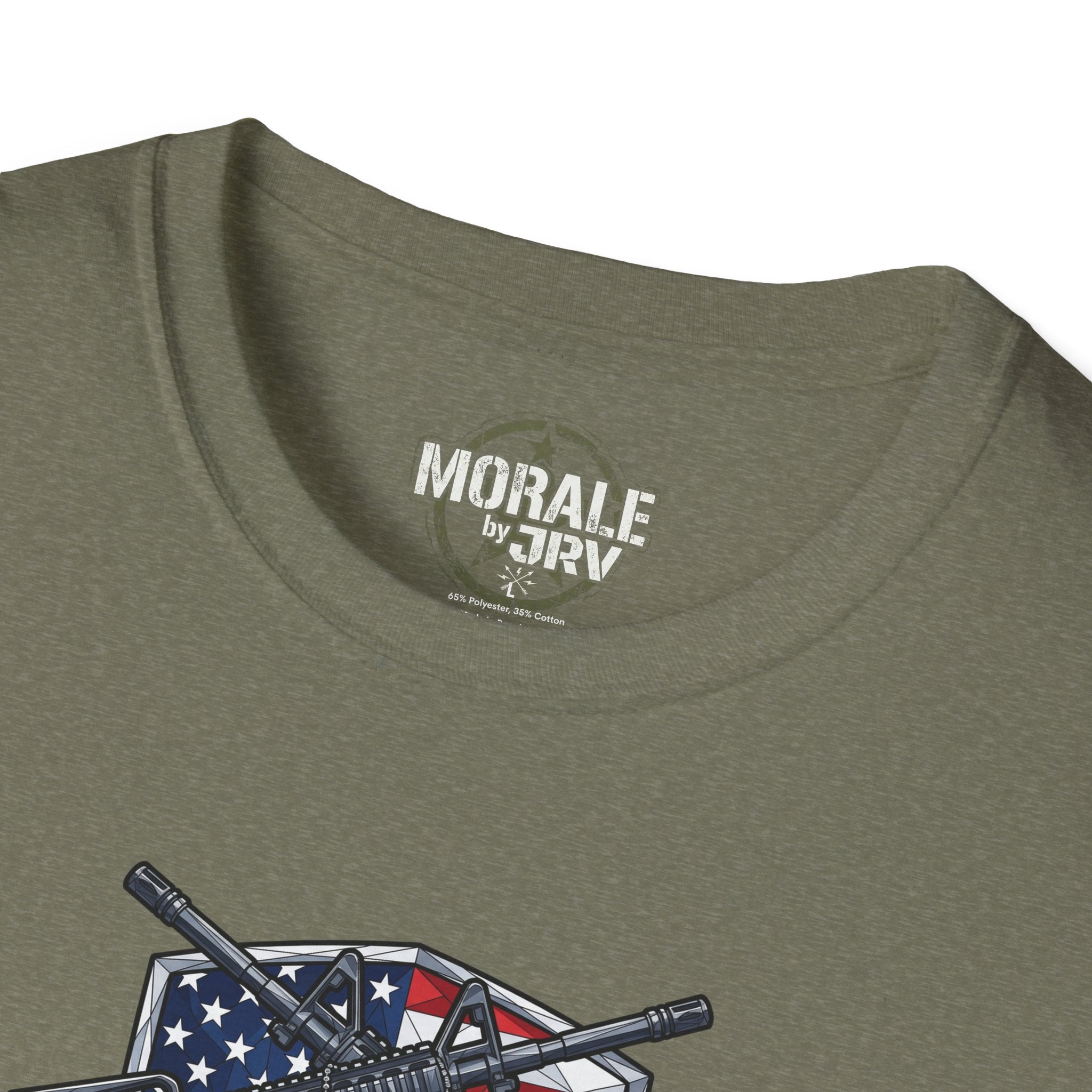 Olive green close-up: “MORALE by TRK” neck logo and patriotic rifle graphic
