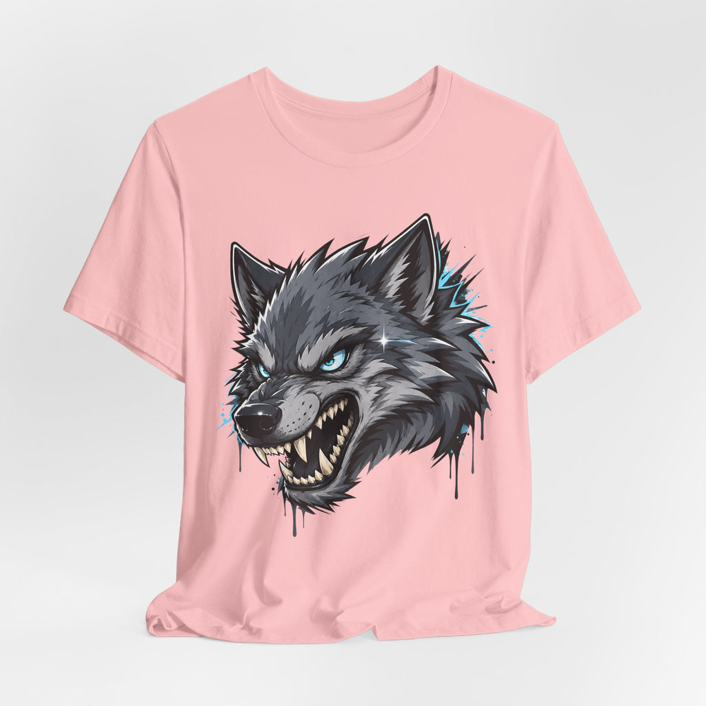 Unisex light pink short-sleeve t-shirt with snarling wolf head graphic, glowing blue eyes