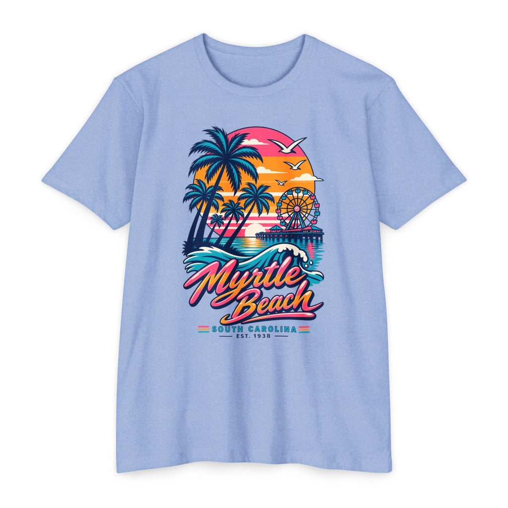 Light blue retro sunset T-shirt with colorful palm trees, ferris wheel, and “Myrtle Beach” print