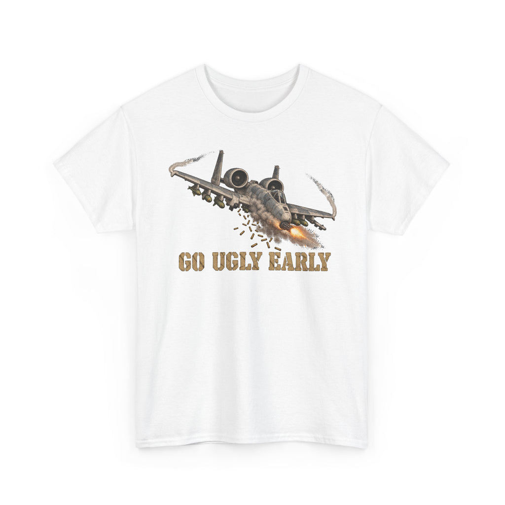 White jet attack graphic T-shirt with “Go Ugly Early” text and aircraft illustration.