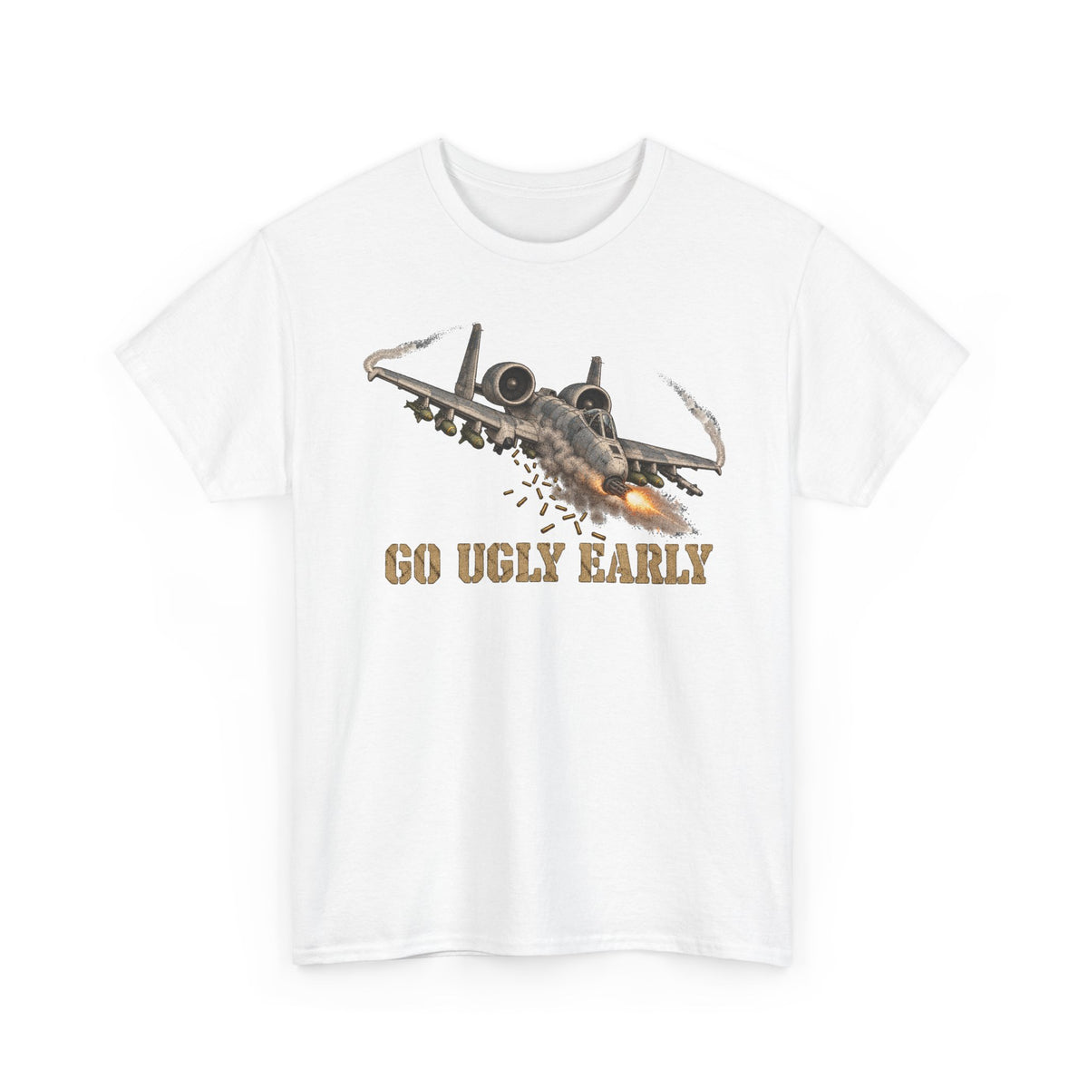 White jet attack graphic T-shirt with “Go Ugly Early” text and aircraft illustration.
