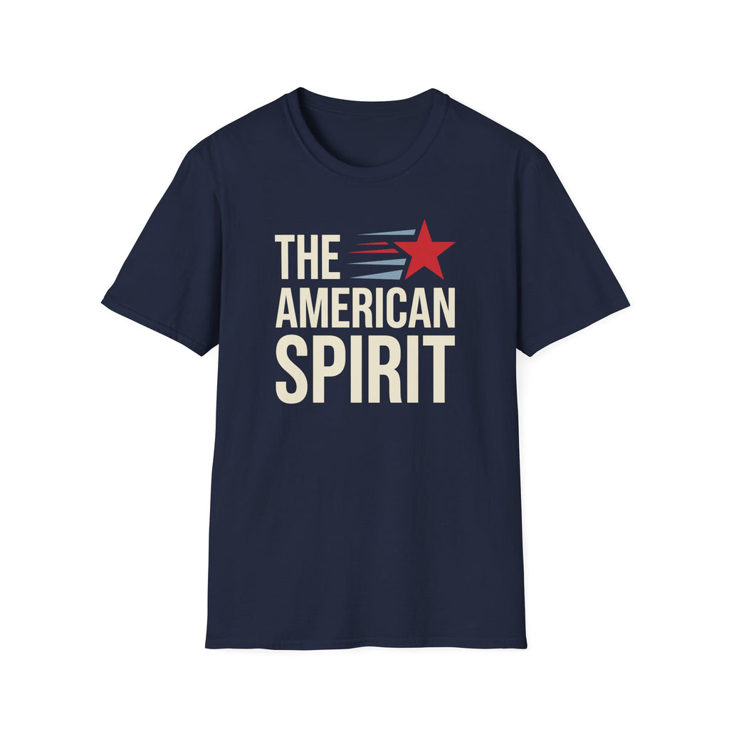 T-shirt, navy, crew neck, short sleeves, "THE AMERICAN SPIRIT" logo.