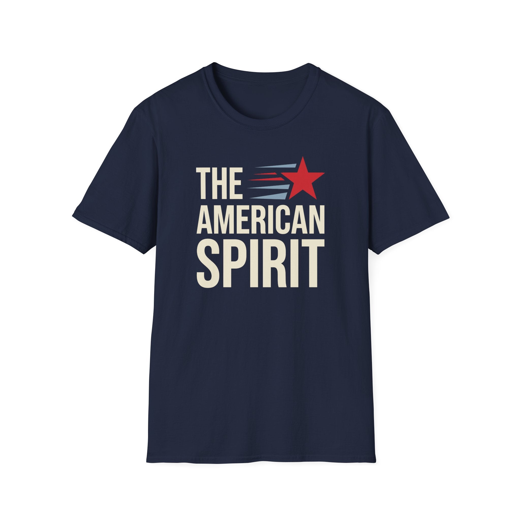 T-shirt, navy, crew neck, short sleeves, "THE AMERICAN SPIRIT" logo.