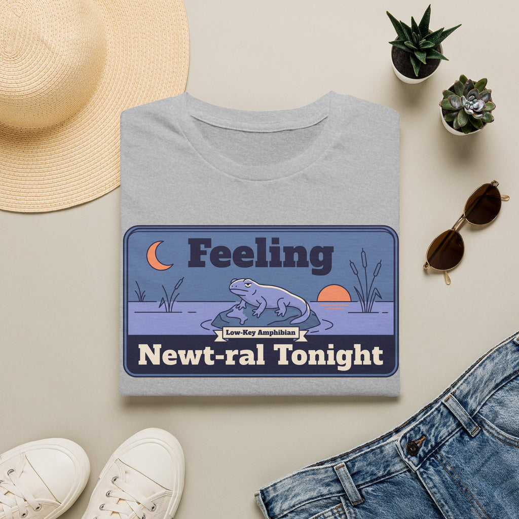 Light gray T-shirt with cartoon newt and moon graphic, 'Feeling Newt-ral Tonight' text
