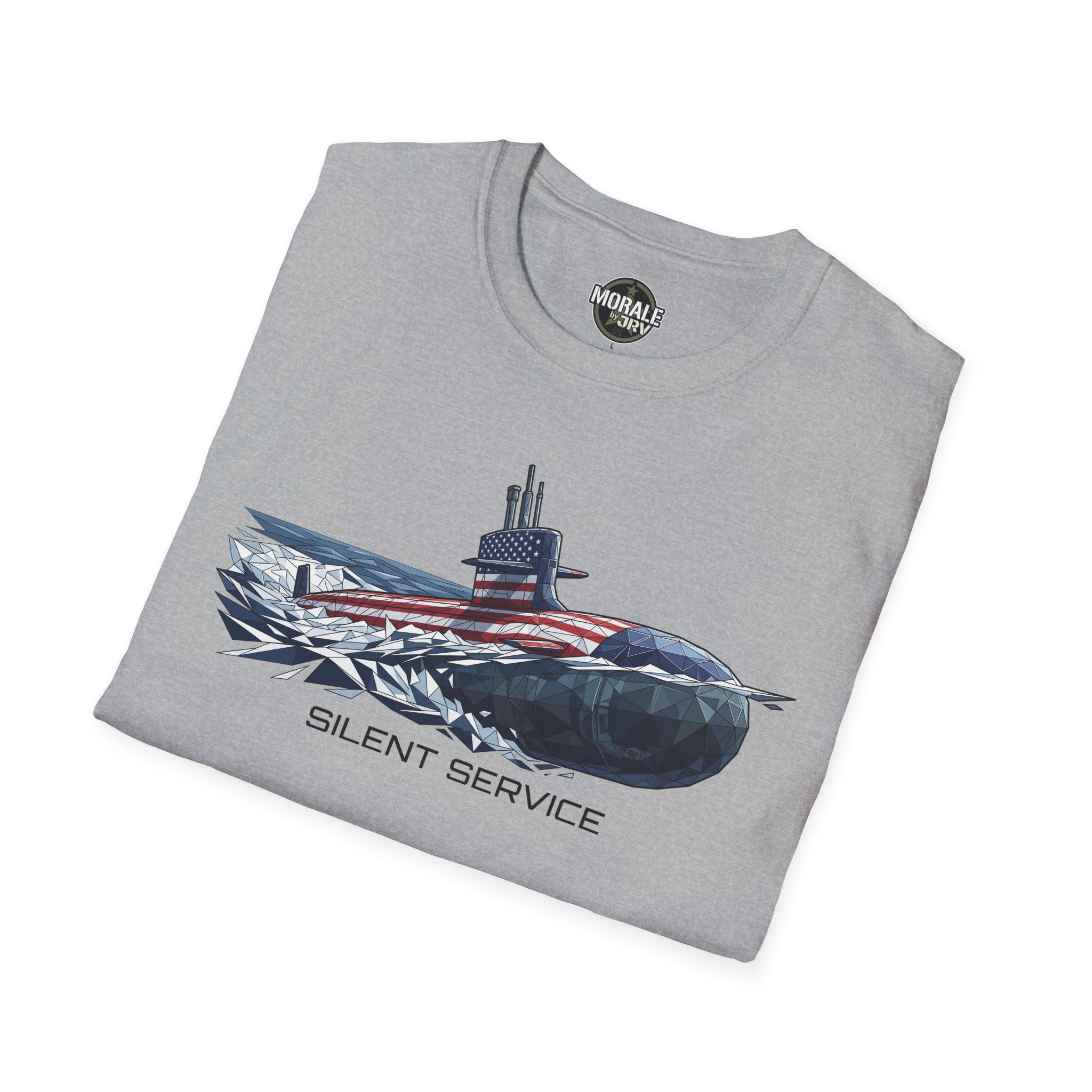 Silent Service submarine T‑shirt in heather gray, front graphic with “SILENT SERVICE”