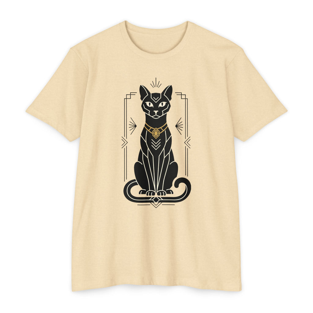 Cream unisex t-shirt with black Egyptian cat illustration graphic