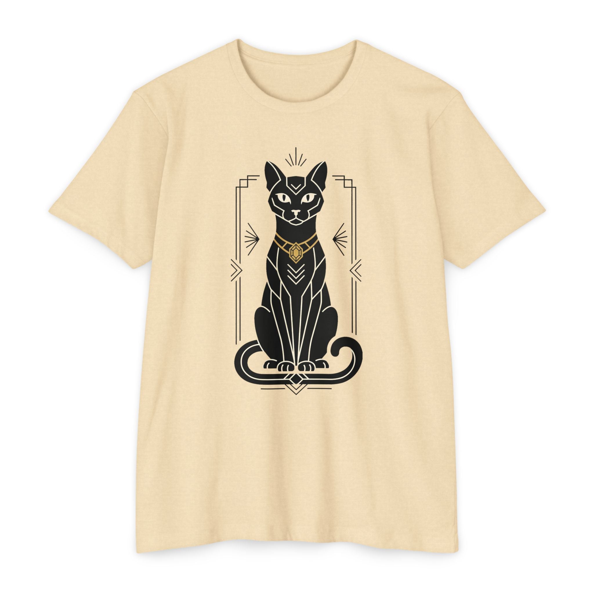 Cream unisex t-shirt with black Egyptian cat illustration graphic