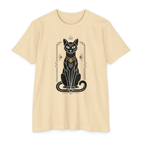 Cream unisex t-shirt with black Egyptian cat illustration graphic