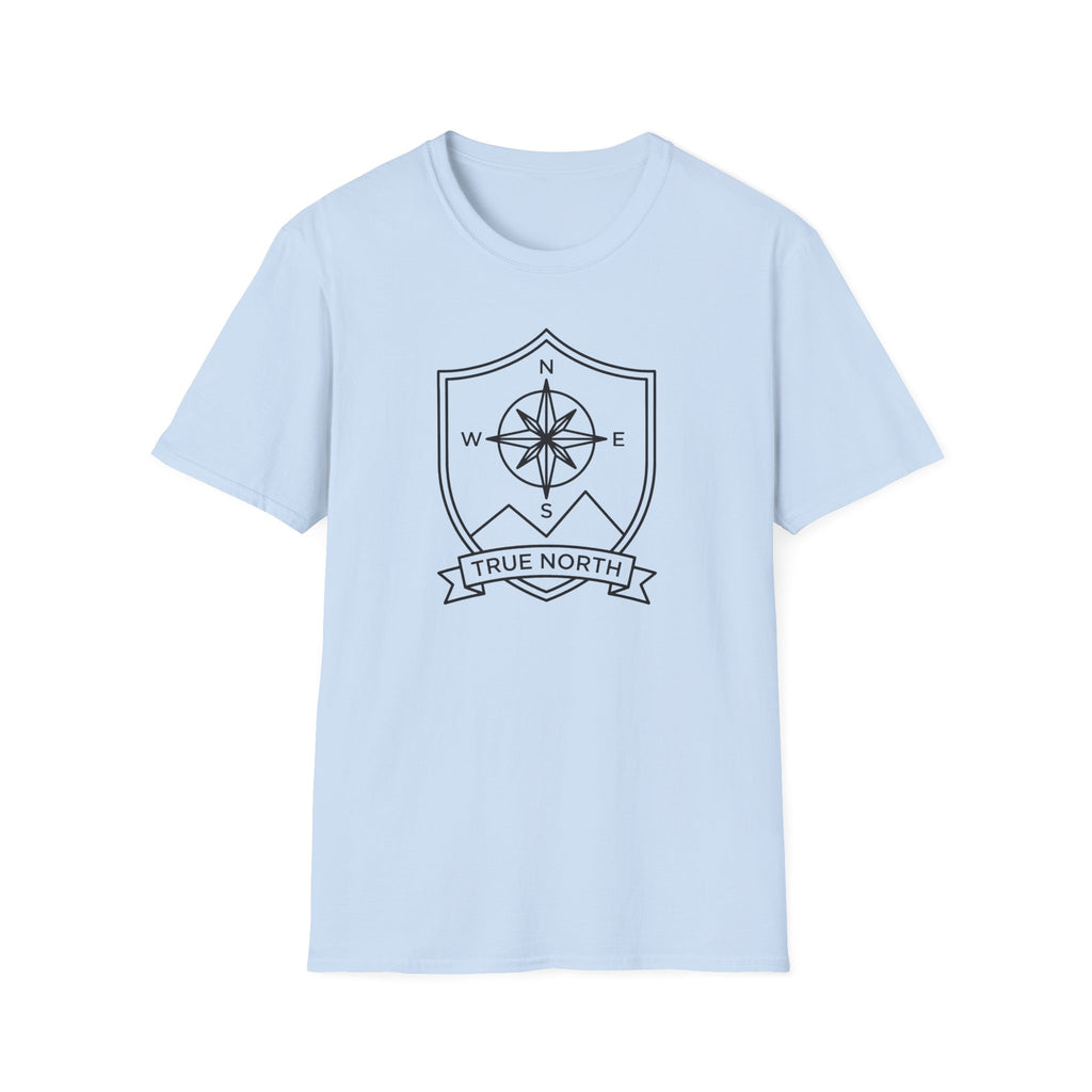 Light blue compass shield T-shirt with compass rose emblem and True North ribbon