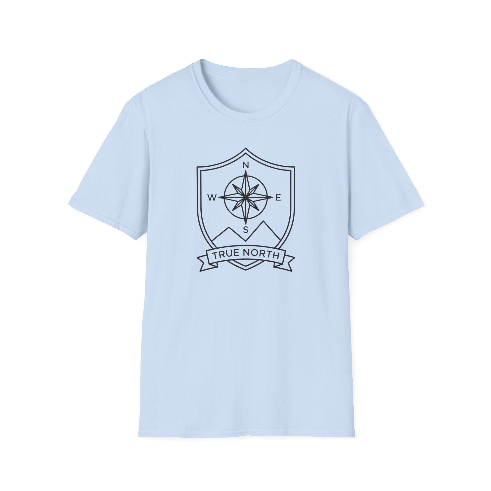 Light blue compass shield T-shirt with compass rose emblem and True North ribbon