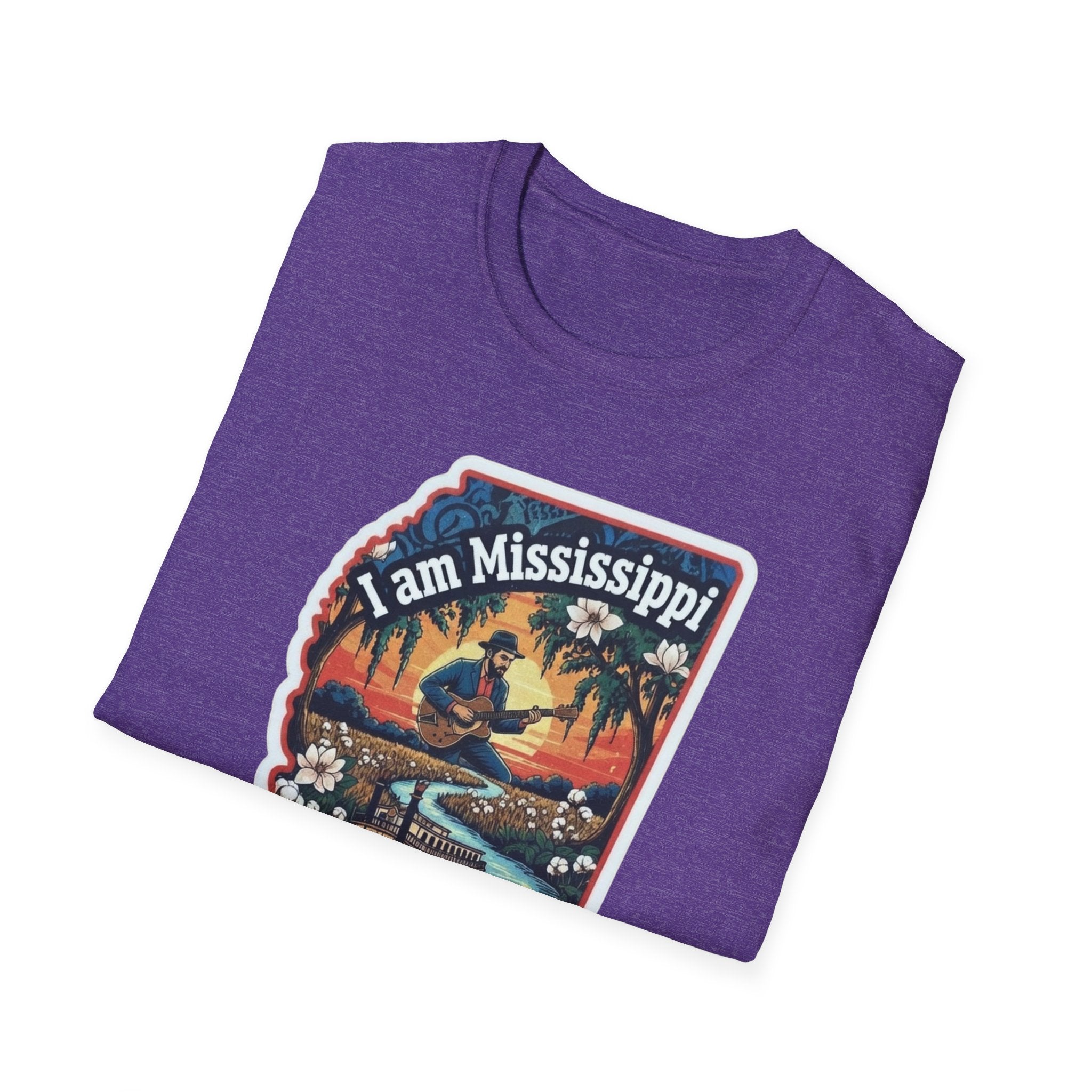 I am Mississippi T-shirt, Heather Purple, front print with “I am Mississippi” badge