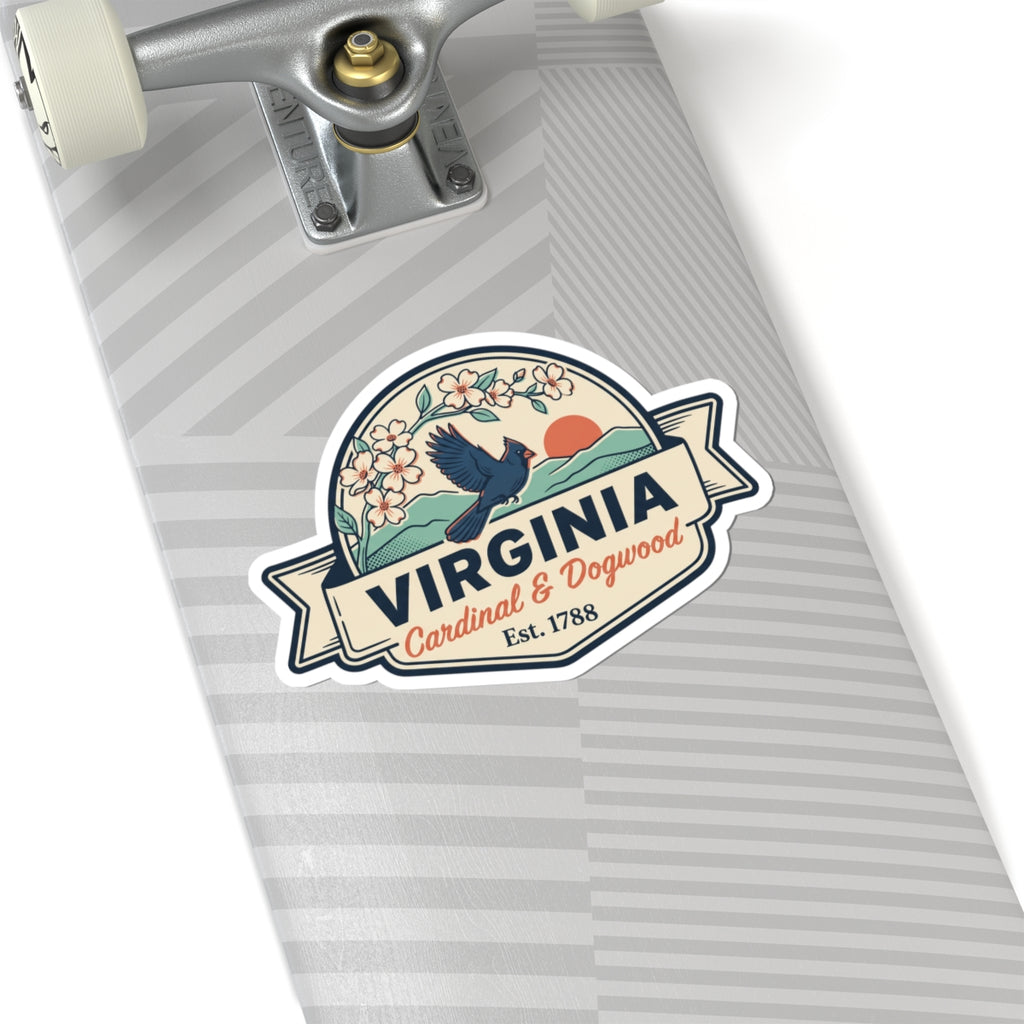 Virginia badge sticker on striped surface, blue cardinal, dogwood flowers, Est. 1788
