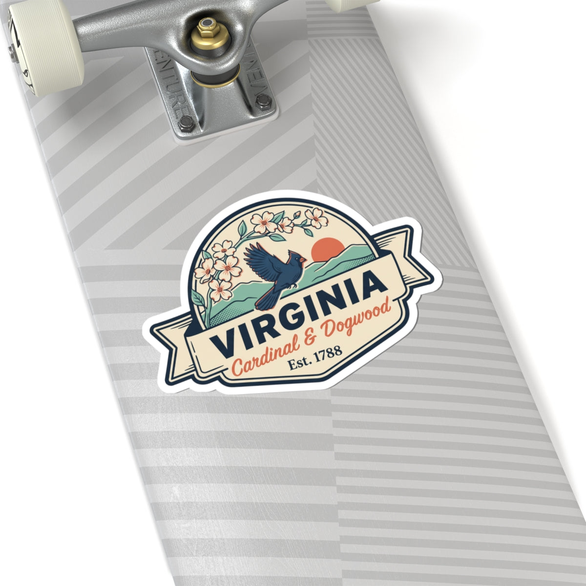 Virginia badge sticker on striped surface, blue cardinal, dogwood flowers, Est. 1788
