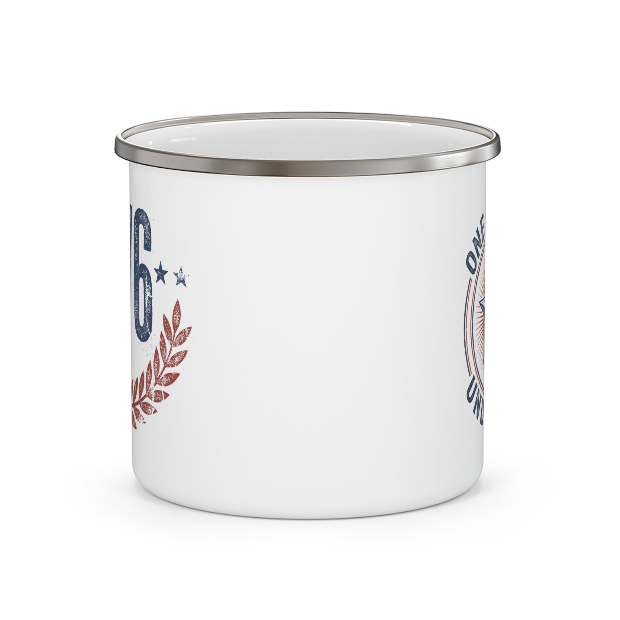 Enamel camping mug, white with vertical patriotic text and laurel emblem