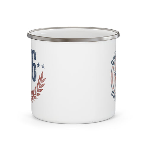 Enamel camping mug, white with vertical patriotic text and laurel emblem
