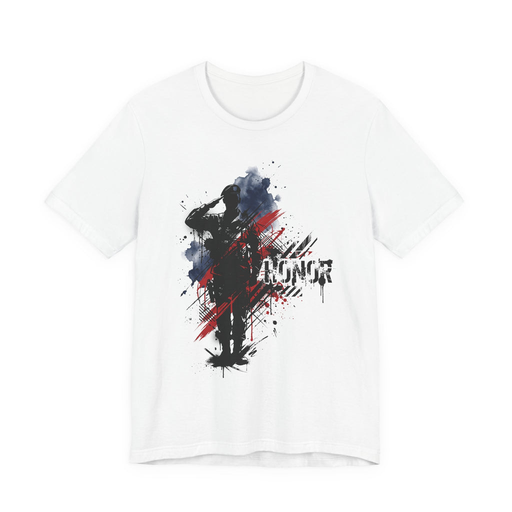 White crewneck T-shirt with soldier silhouette and red-blue brushstroke graphic, front print.