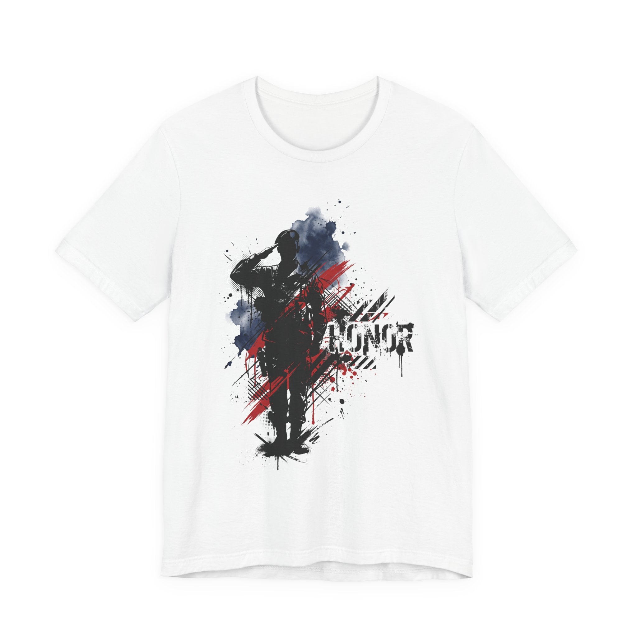 White crewneck T-shirt with soldier silhouette and red-blue brushstroke graphic, front print.