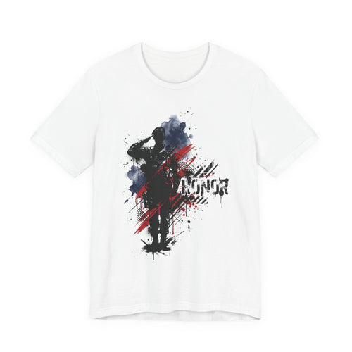 White crewneck T-shirt with soldier silhouette and red-blue brushstroke graphic, front print.