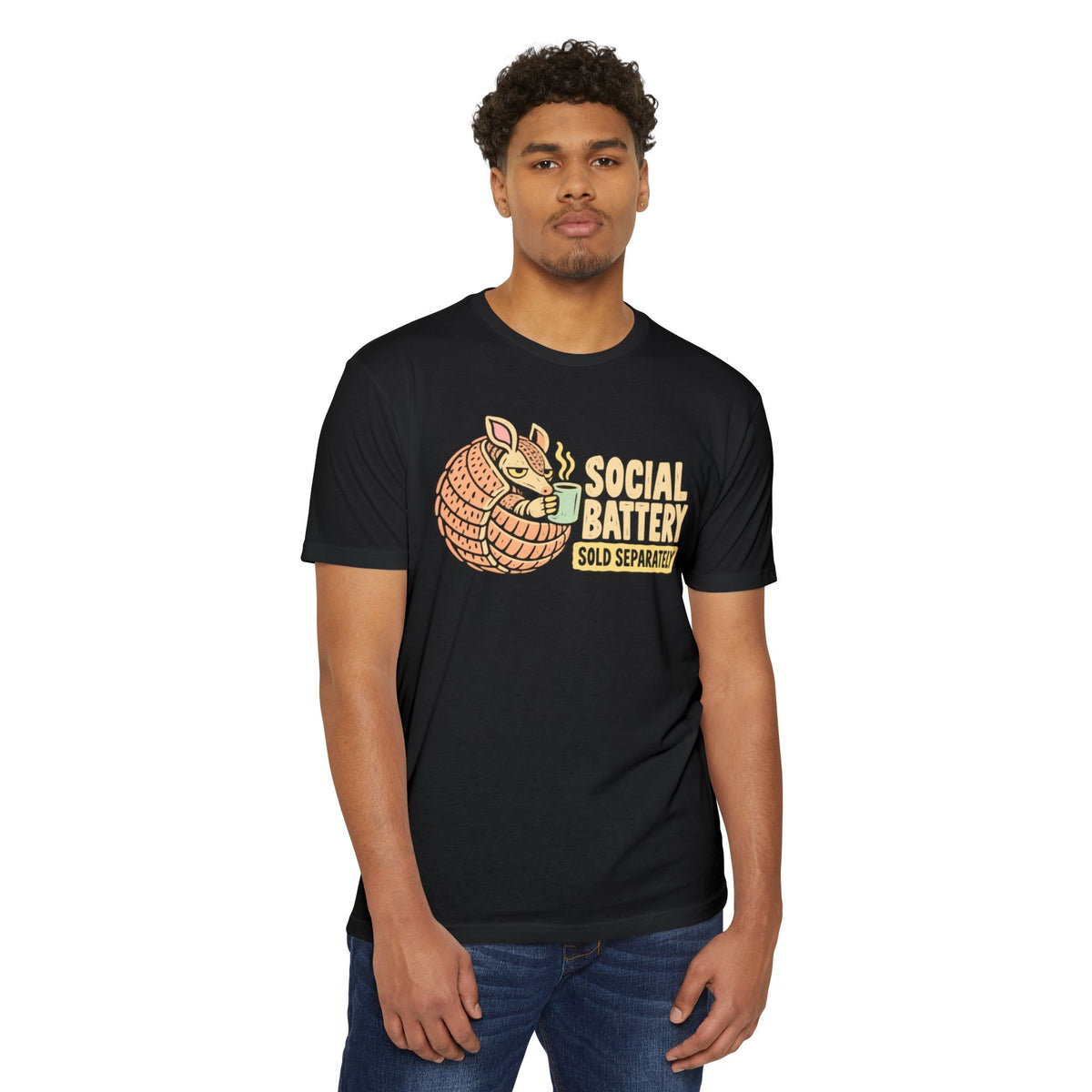 Black graphic T-shirt with armadillo “SOCIAL BATTERY” text on the front