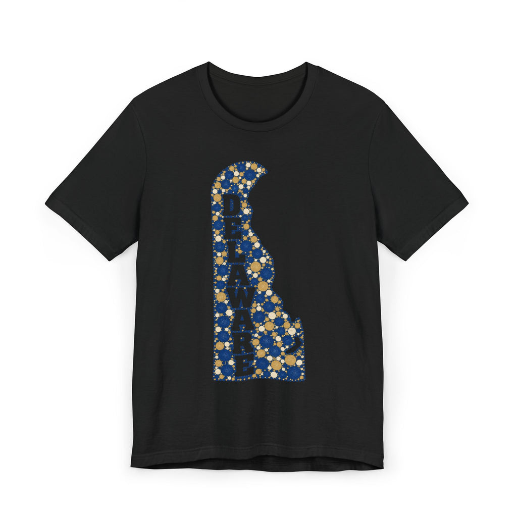 Black T-shirt with blue-and-gold Delaware map alphabet graphic on the front