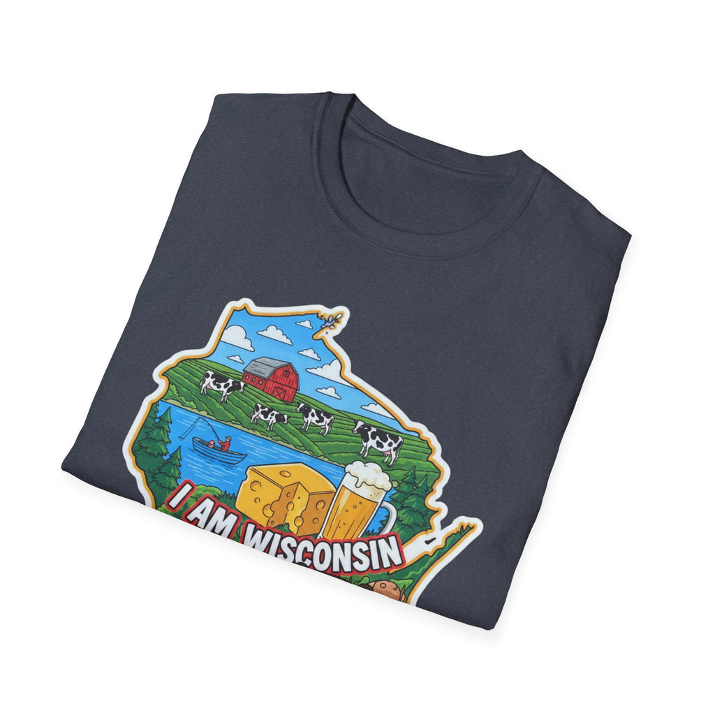 I AM Wisconsin T-Shirt, dunkelgraublau, Wisconsin-Kartenaufdruck mit Bauernhof-Motiven