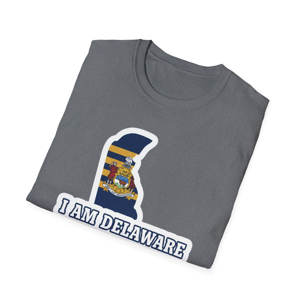 Graphite Heather I Am Delaware T-shirt with Delaware outline flag graphic and 'I AM DELAWARE' text