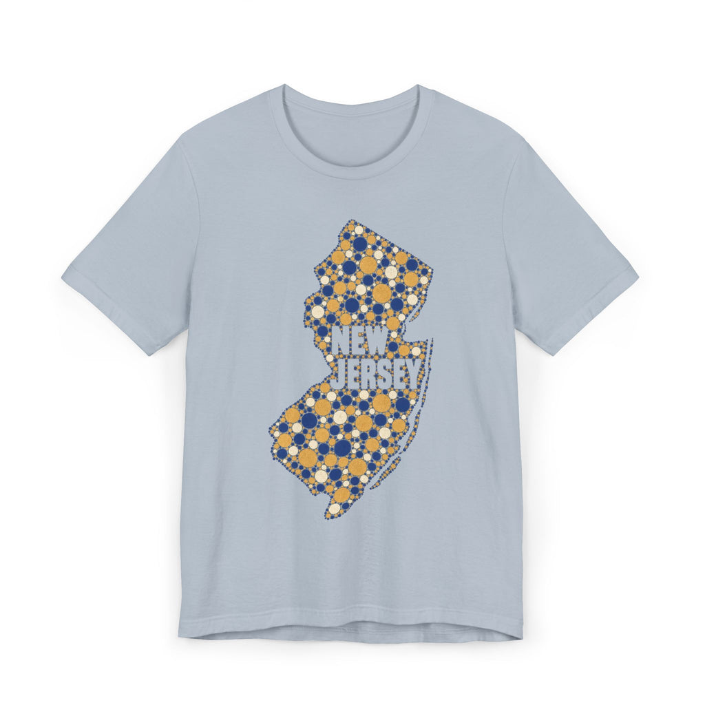 Light blue T-shirt with speckled floral New Jersey outline graphic in blue and gold