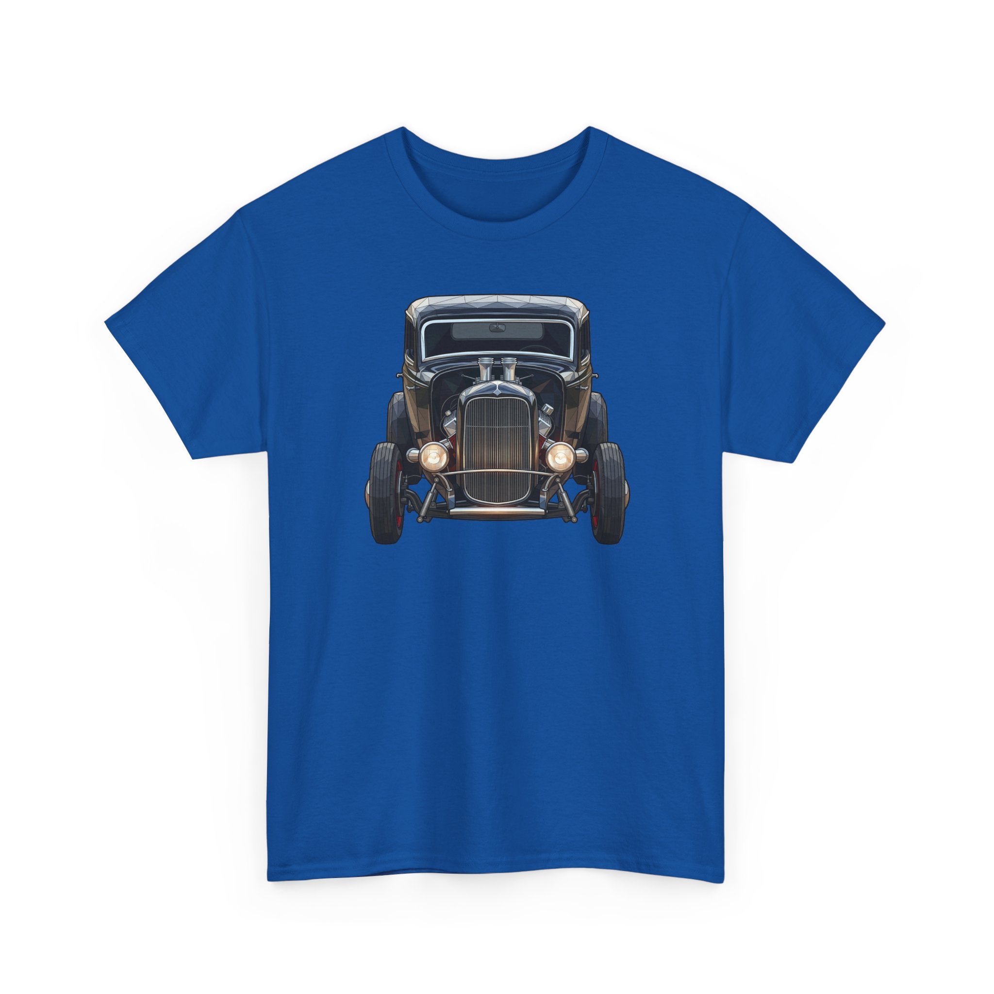 Blue short-sleeve T-shirt with vintage hot rod graphic, front view, larger on the chest