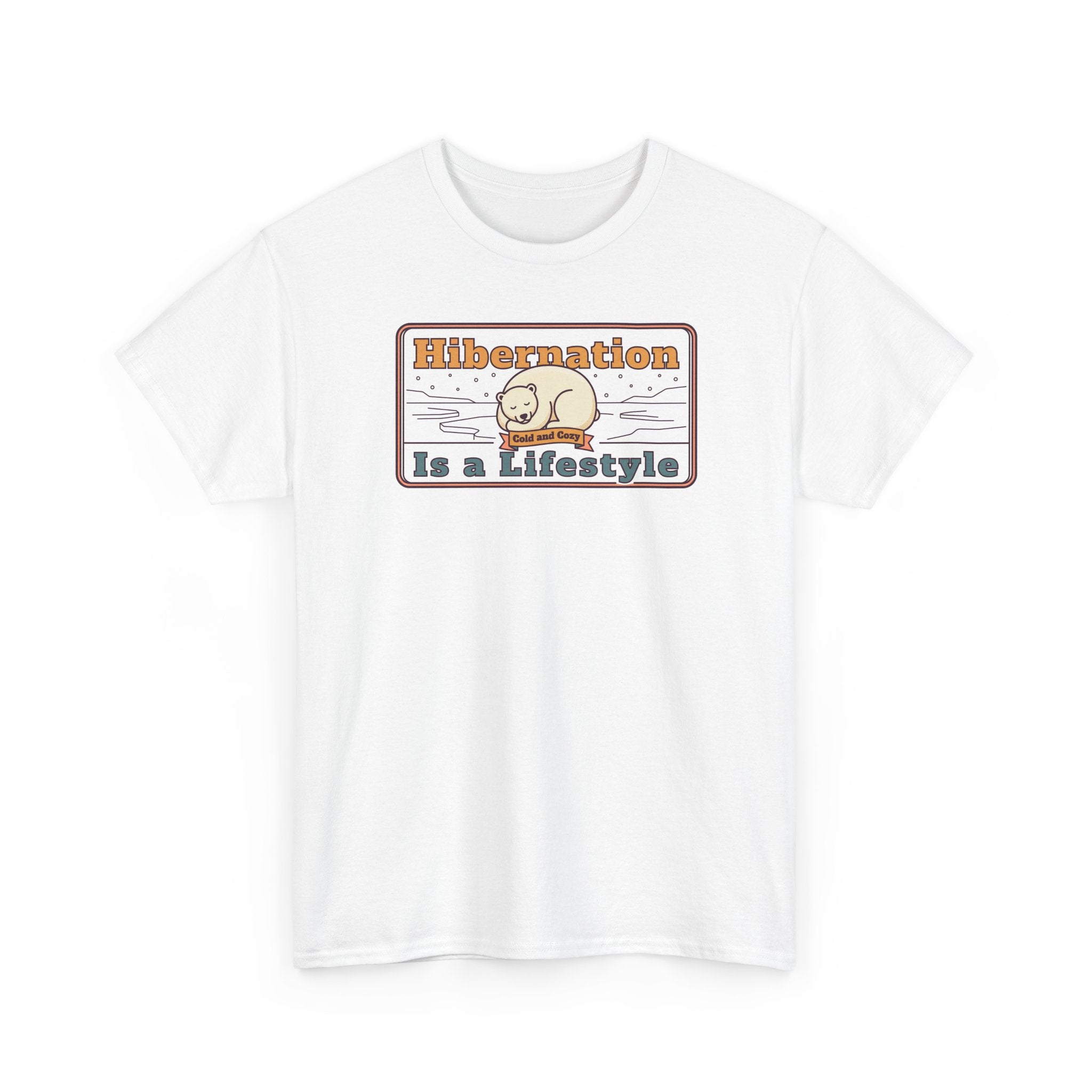 White T-shirt with crew neck; front sloth lifestyle graphic in a rectangular frame