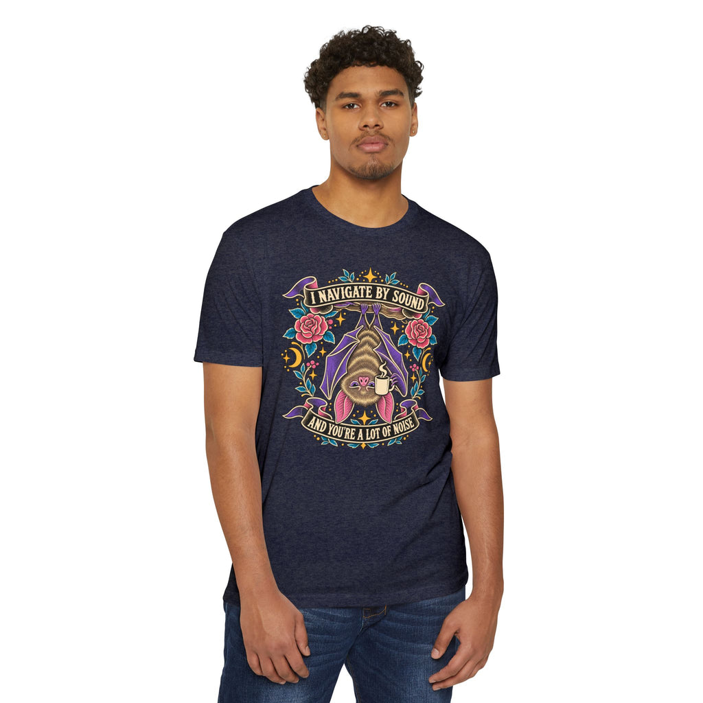 Navy crew-neck T-shirt with front bat sound graphic and colorful roses