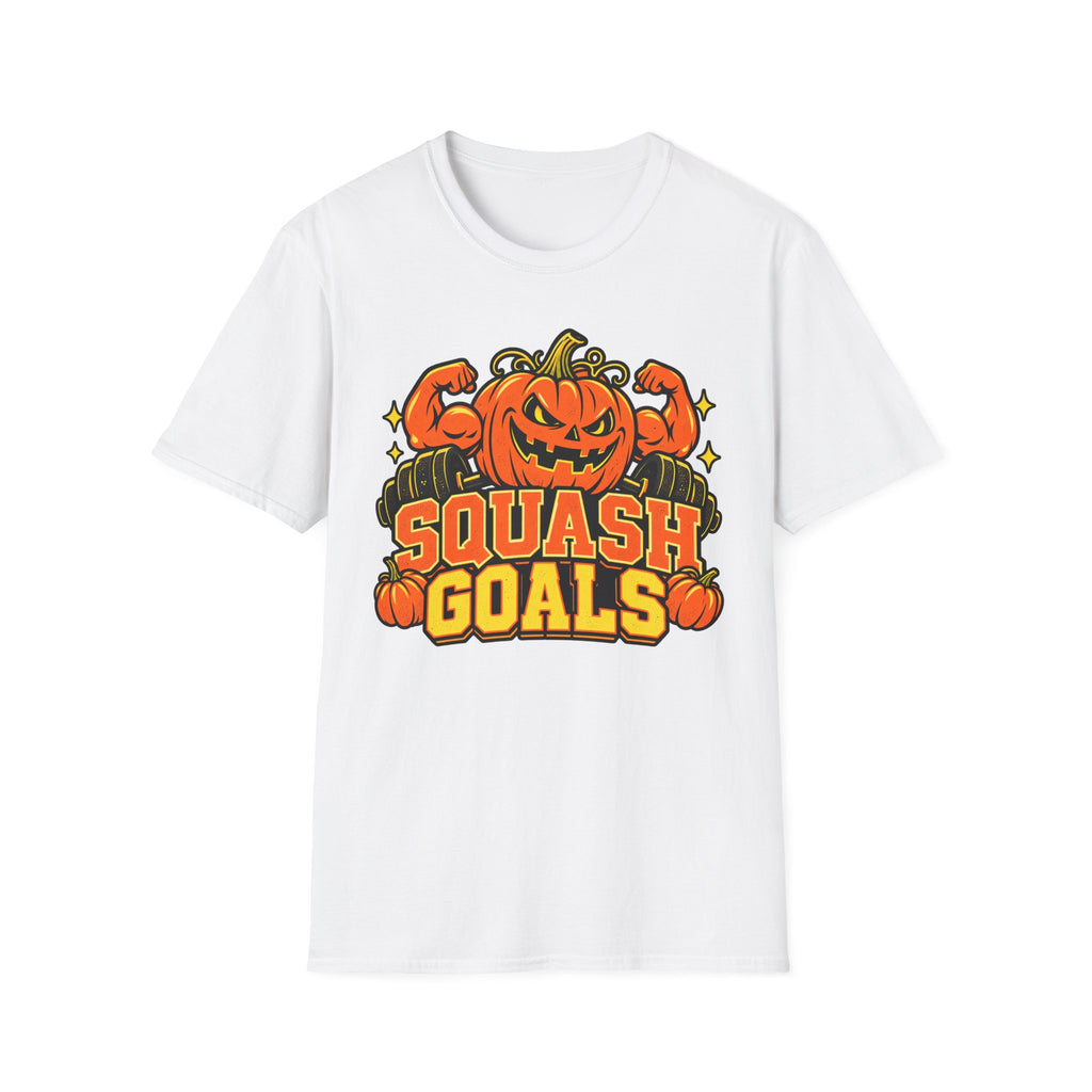 White Halloween T-shirt with jack-o-lantern pumpkin graphic and "SQUASH GOALS" text